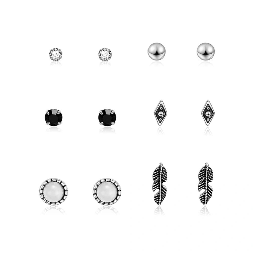 6 Pairs Fashionable Style Women Elegant White Black Faux Pearl Studs Alloy Earrings