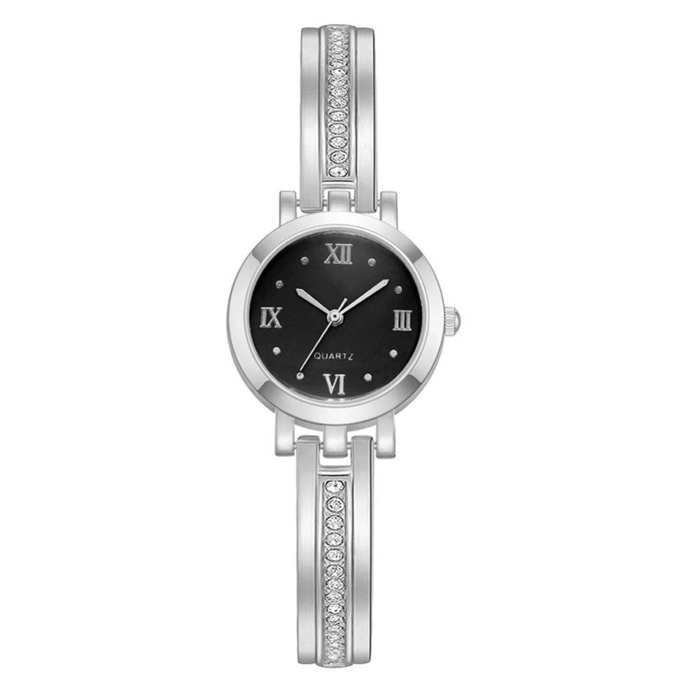 Lady Exquisite Alloy Watch Round Dial Analog Display Quartz Wristwatch(silver&black)