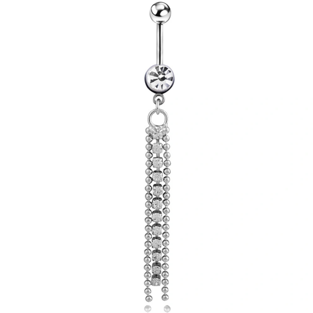 1pc Body Piercing Jewelry Stainless Steel Tassel Rhinestone Belly Ring (White)