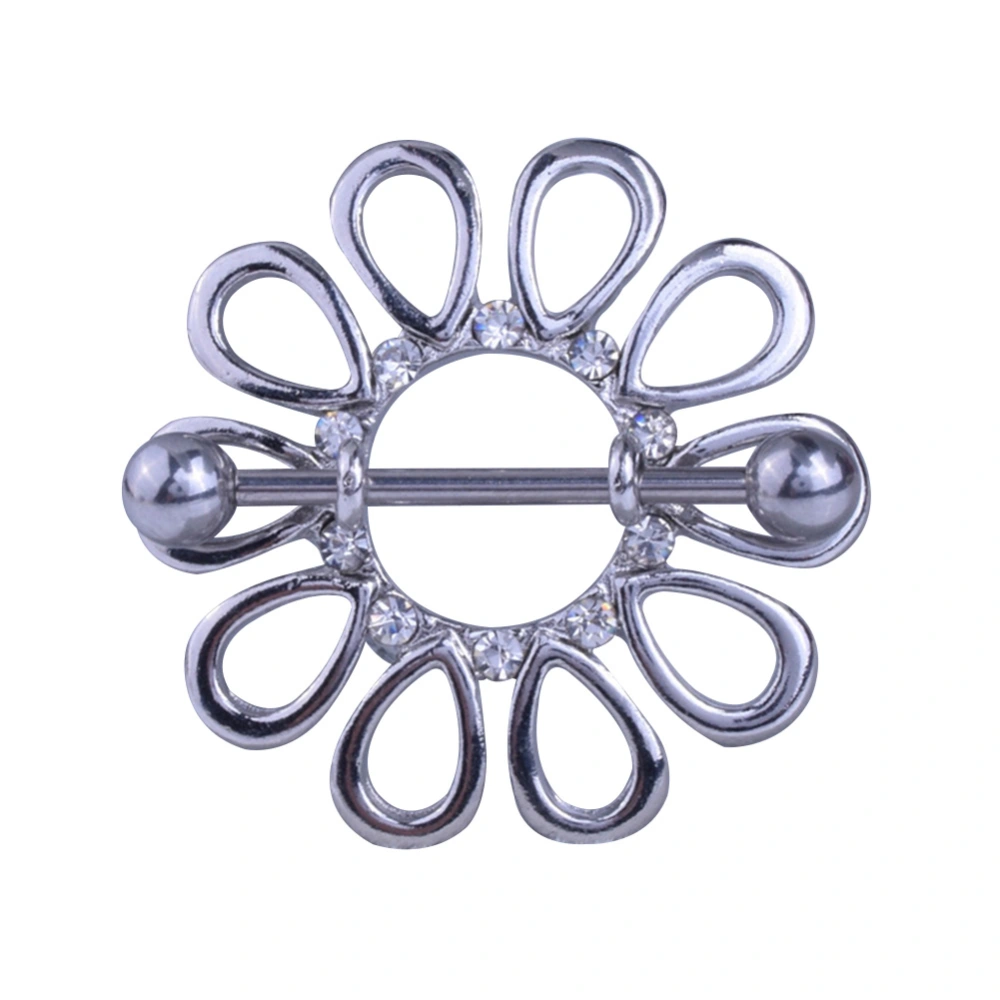 Hollowed Flower Shape Rhinestone Nipple Ring Anti allergy Piercing Body Jewelry(White)