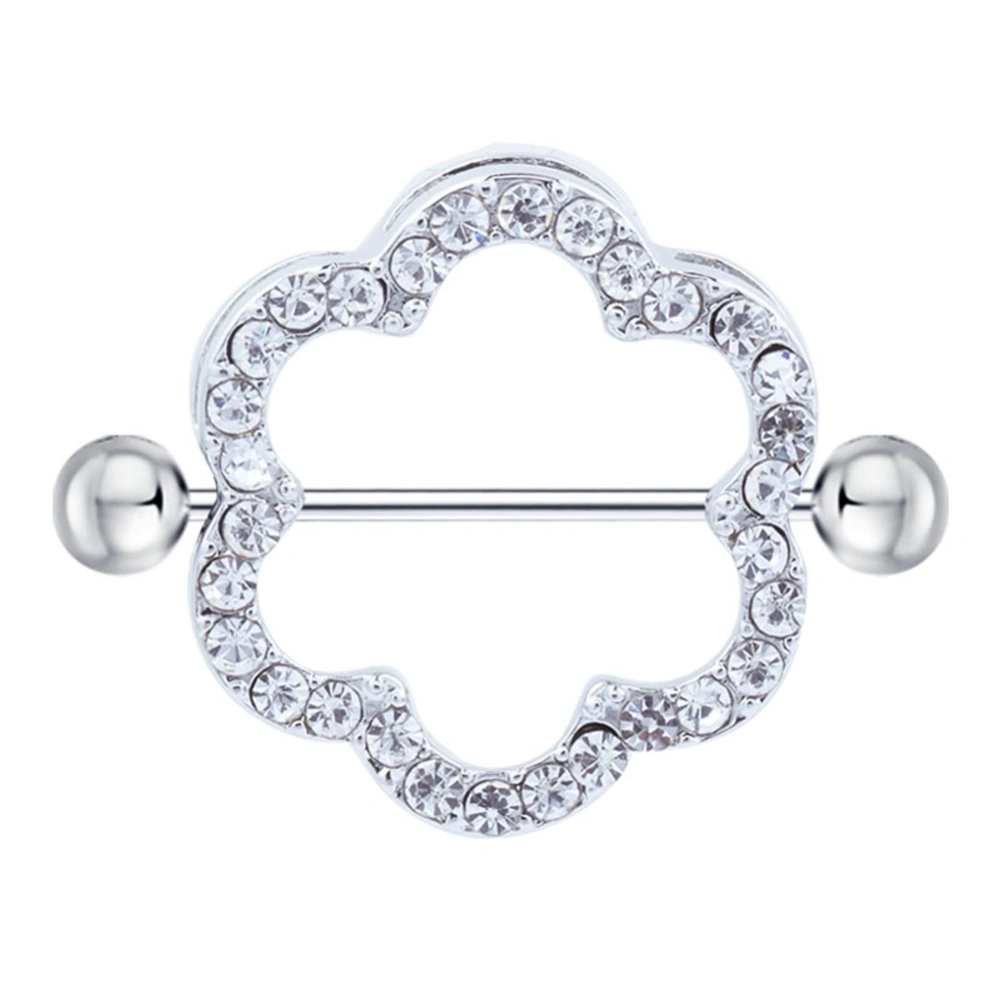 Geometrical Double deck Flower Shape Nipple Ring Rhinestone Piercing Body Jewelry(White)