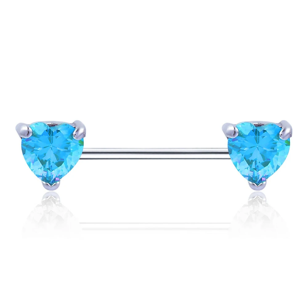 1Pcs Surgical Steel Body Piercing Jewelry Nipple Ring Heart Zircon Bar Shield (Lake Blue)