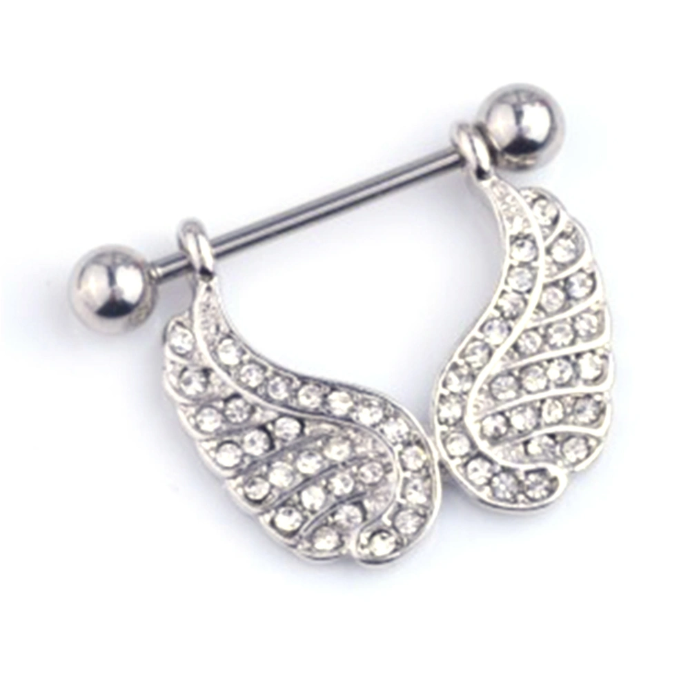 1Pcs Surgical Steel Body Piercing Jewelry Rhinestones Wings Nipple Shield Ring (White)