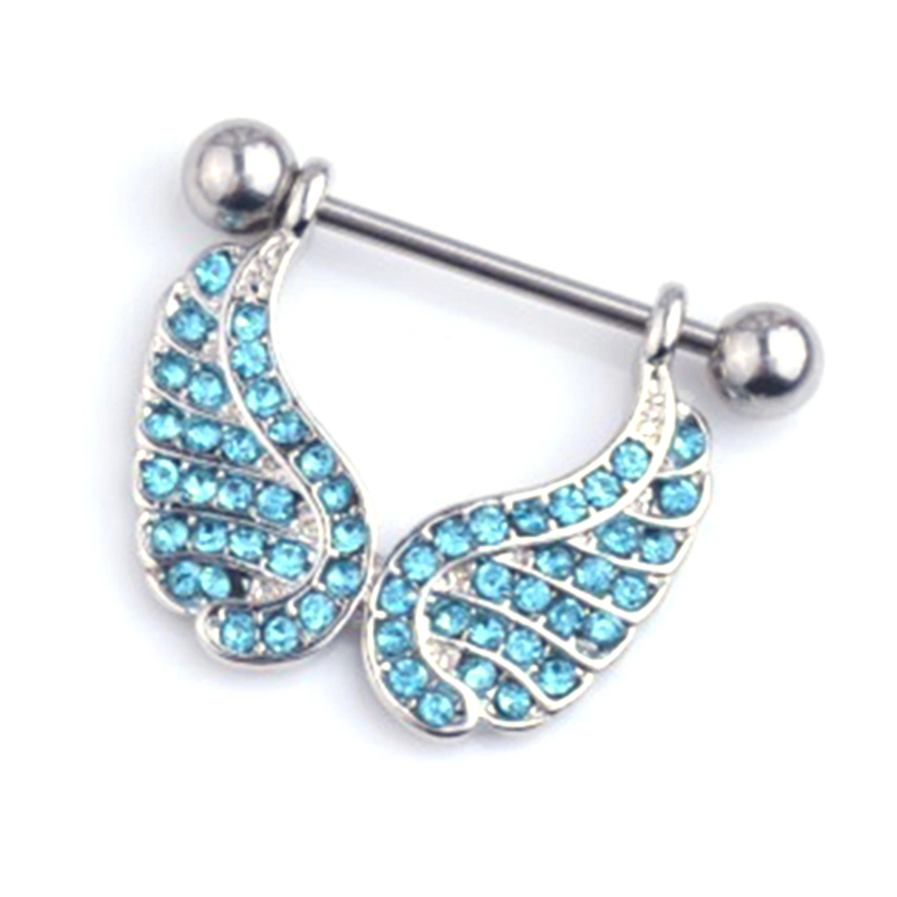 1Pcs Surgical Steel Body Piercing Jewelry Rhinestones Wings Nipple Shield Ring (Blue)