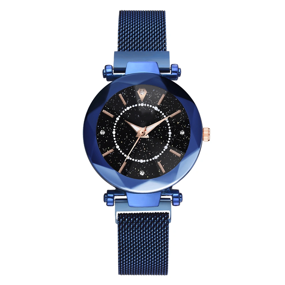 Women Quartz Watch Starry Dial Alloy Belt Magnetic Buckle Elegant Casual Wristwatch Blue