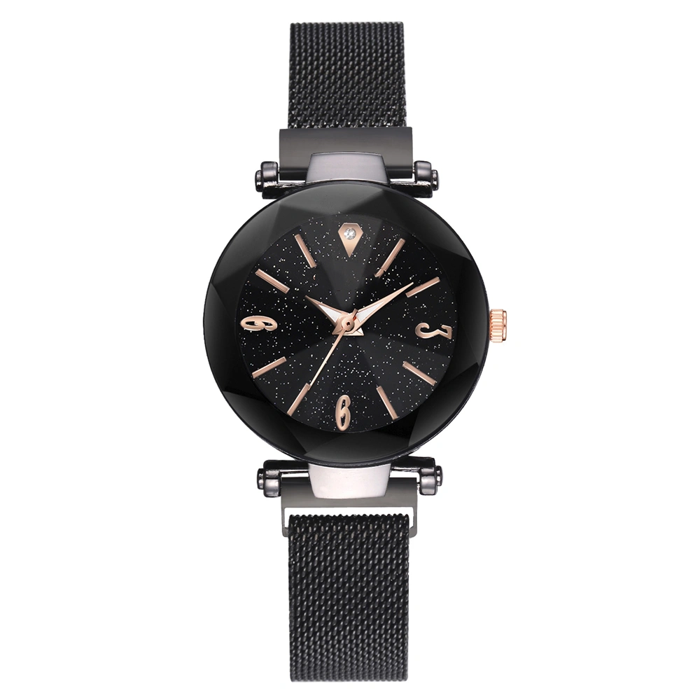 Women Quartz Watch Starry Sky Dial Alloy Belt Magnetic Buckle Elegant Casual Wristwatch Black