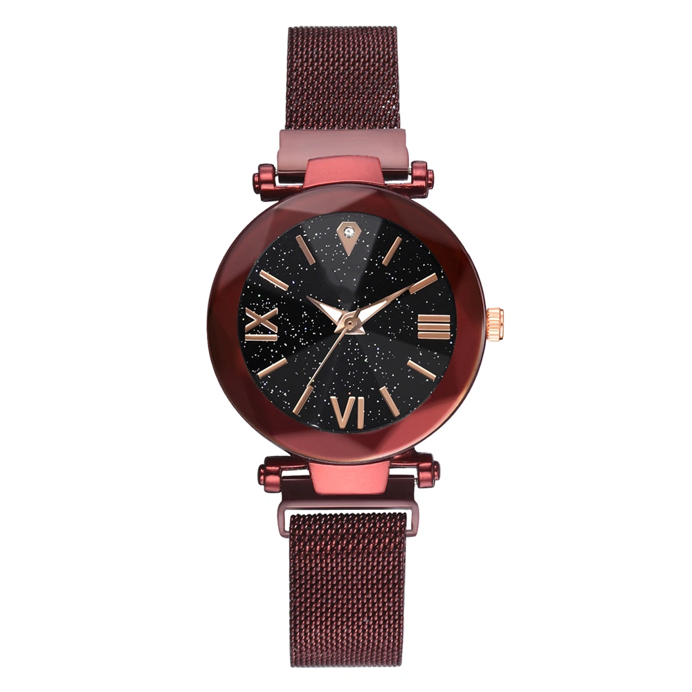 Women Quartz Watch Starry Dial Alloy Belt Magnetic Buckle Elegant Casual Wristwatch Red