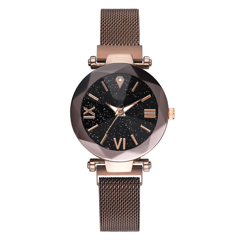 Women Quartz Watch Starry Dial Alloy Belt Magnetic Buckle Elegant Casual Wristwatch Dark Brown