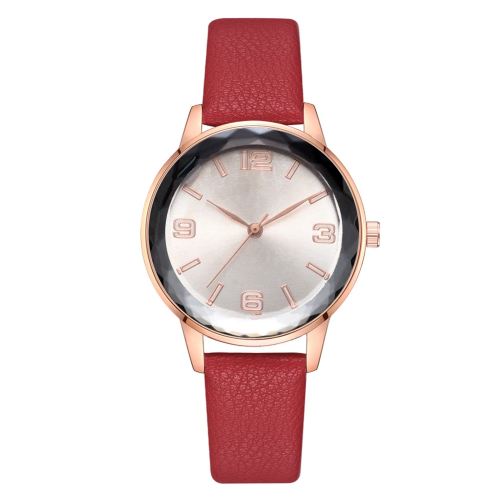 Simple Business Women Arabic numerals Dial PU Strap Watch Alloy Quartz Wristwatch (Red)