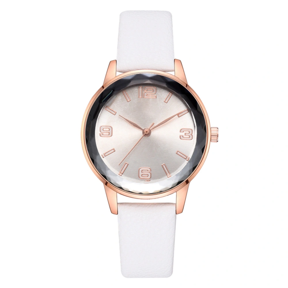 Simple Business Women Arabic numerals Dial PU Strap Watch Alloy Quartz Wristwatch (White)