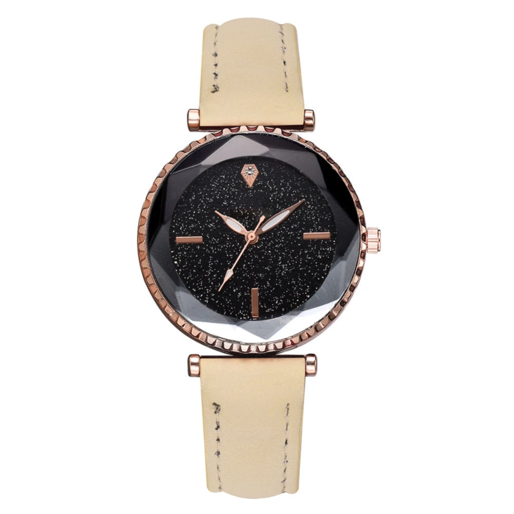 Women Night Stars Sky Cutting Dial PU Strap Watch Alloy Quartz Wristwatch (Beige)