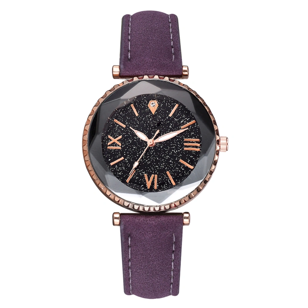 Fashion PU Strap Women Lady Watch Roman Numerals Round Dial Quartz Wristwatch Purple