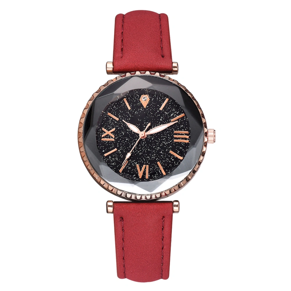 Fashion PU Strap Women Lady Watch Roman Numerals Round Dial Quartz Wristwatch Red