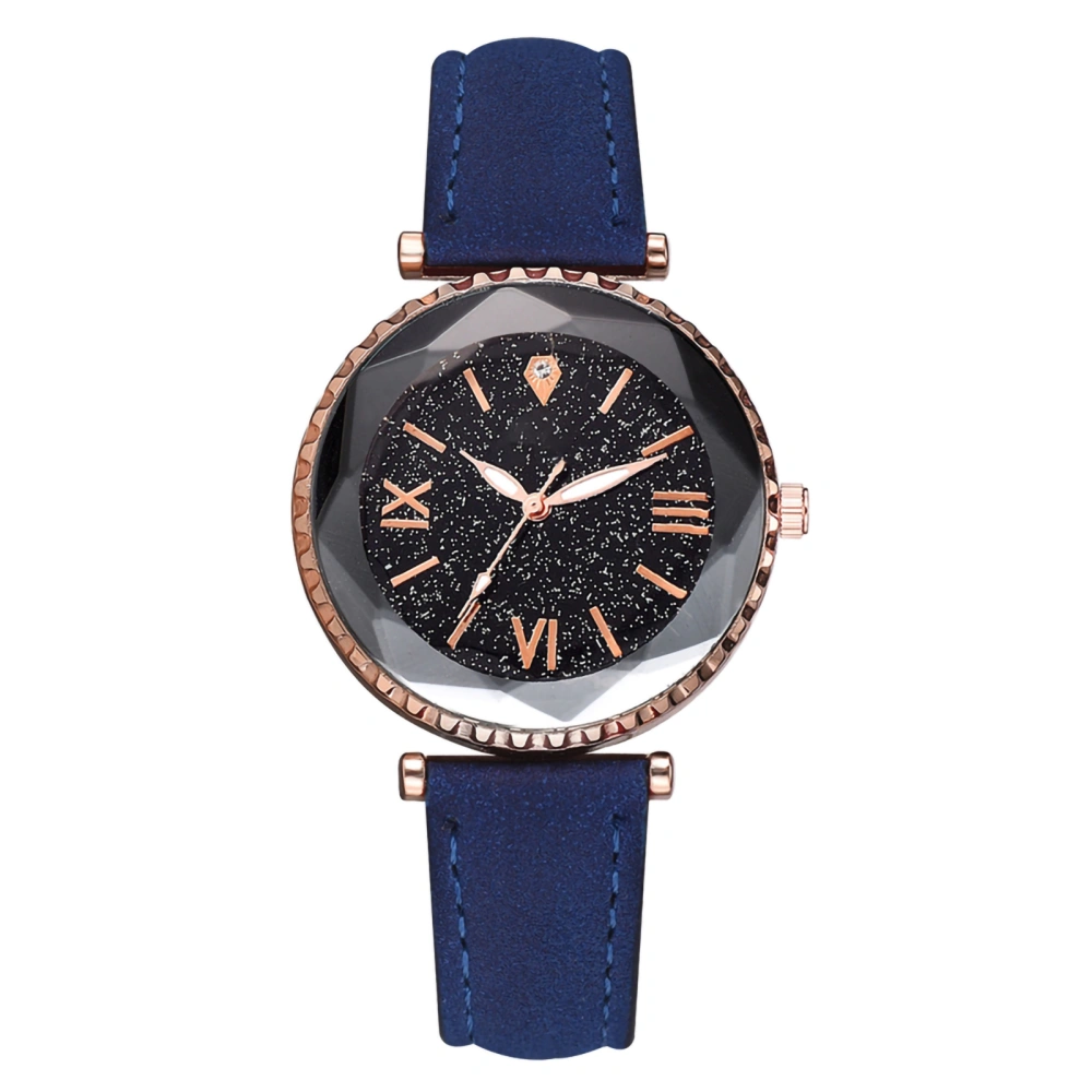 Fashion PU Strap Women Lady Watch Roman Numerals Round Dial Quartz Wristwatch Blue