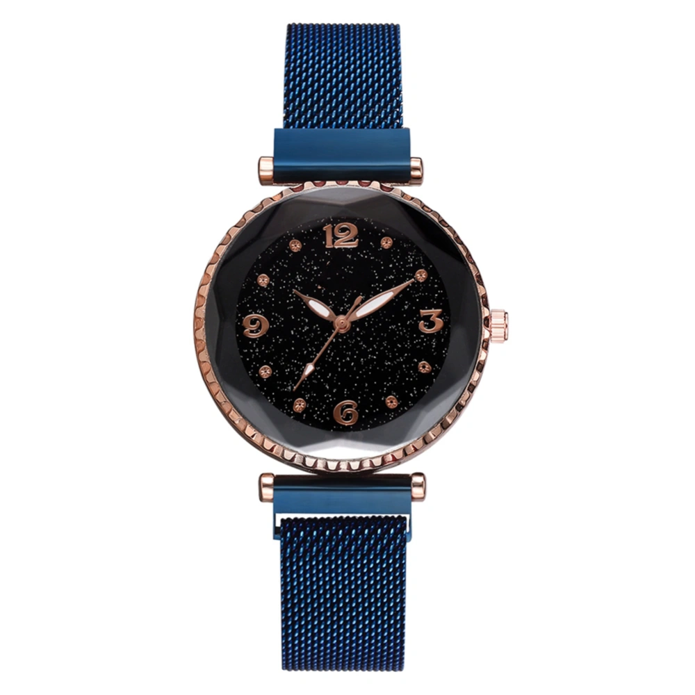 Fashion Women Lady Alloy Mesh Strap Watch Rhombus Mirror Quartz Wristwatch(Blue)