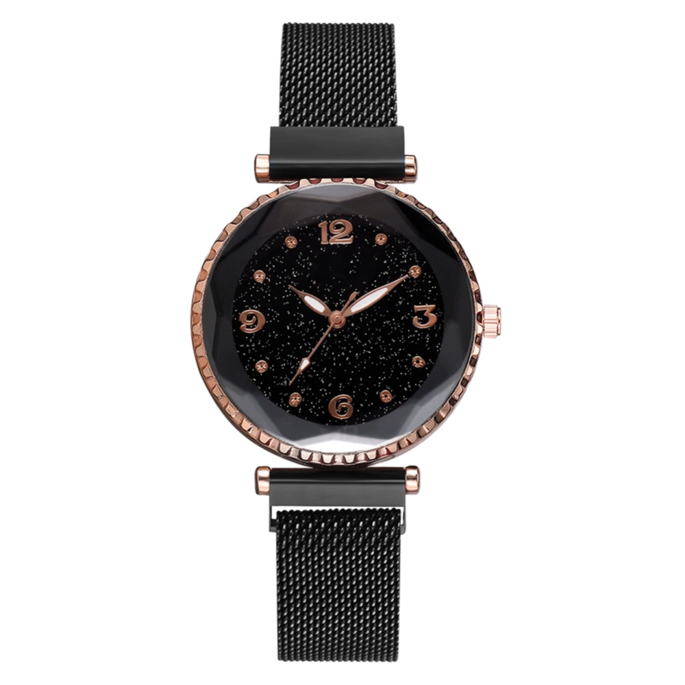 Fashion Women Lady Alloy Mesh Strap Watch Rhombus Mirror Quartz Wristwatch(Black)