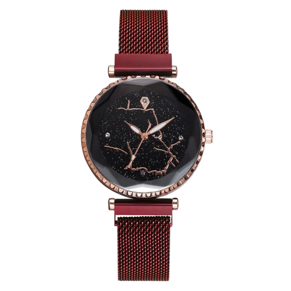 Vintage Women Lady Alloy Watch Mesh Strap Round Dial Quartz Wristwatch (Red)