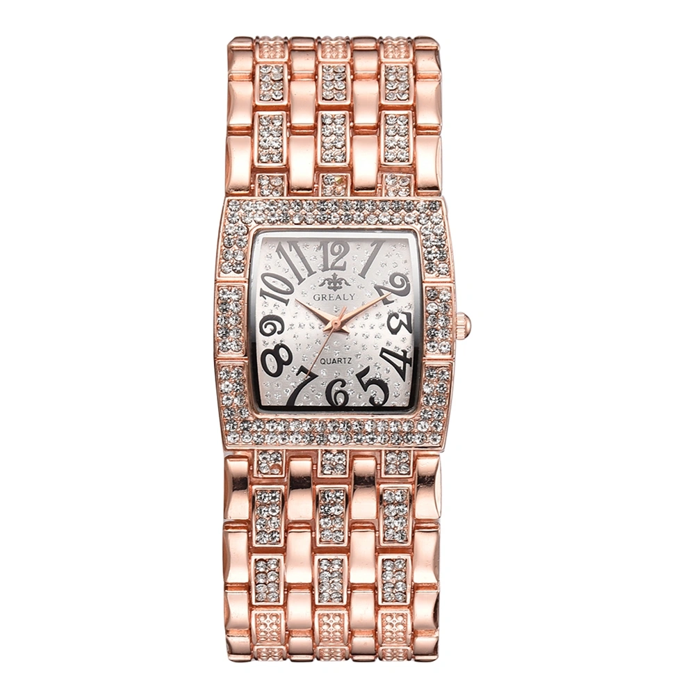 Fashion Alloy Band Quartz Watch Square Dial Shape Rhinestone Female Watch (Rose Gold)