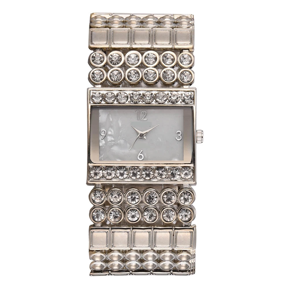 Fashion Alloy Band Quartz Watch Special Square Dial Shape Rhinestone Female Watch (Silver)