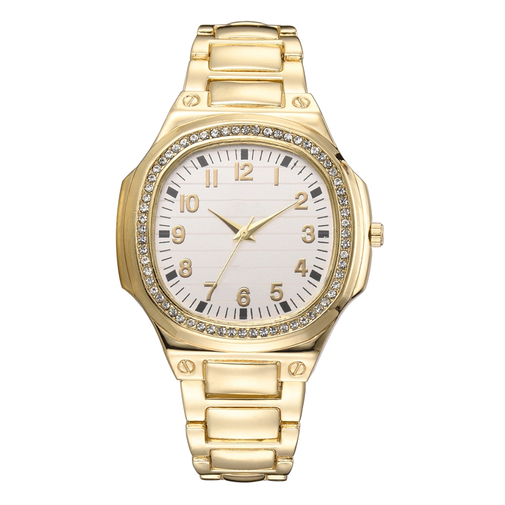 Fashion Alloy Band Quartz Watch Special Round Dial Shape Rhinestone Female Watch Gold