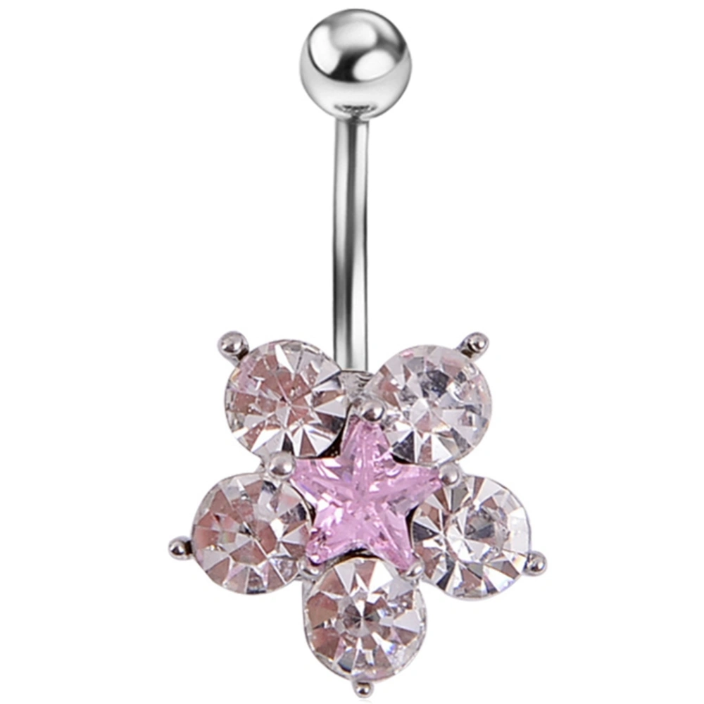 Medical Steel Crystal Rhinestone Flower Pendant Belly Navel Ring Body Piercing Jewelry (Pink)