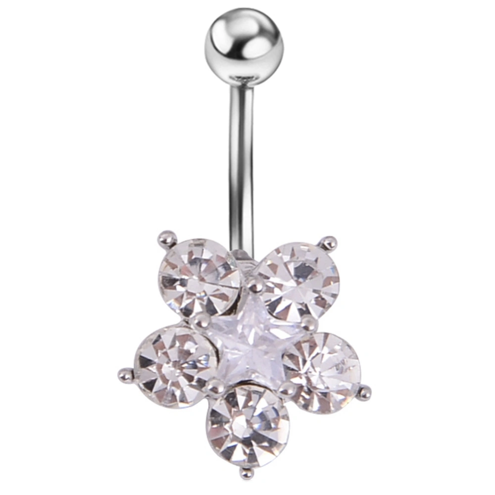 Medical Steel Crystal Rhinestone Flower Pendant Belly Navel Ring Body Piercing Jewelry (White)