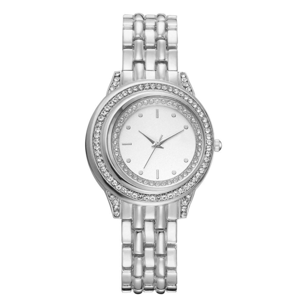 Fashion Round Dial Watch Rhinestone Decoration Women Lady Quartz Wristwatch(Silver)