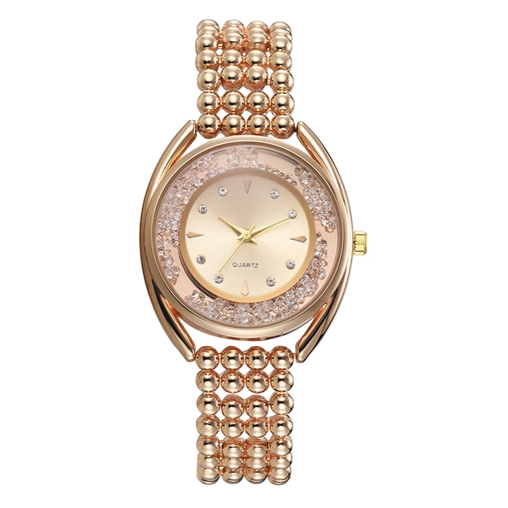 Fashion Alloy Beads Shape Strap Women Lady Watch Round Dial Rhinestone Wristwatch Gold