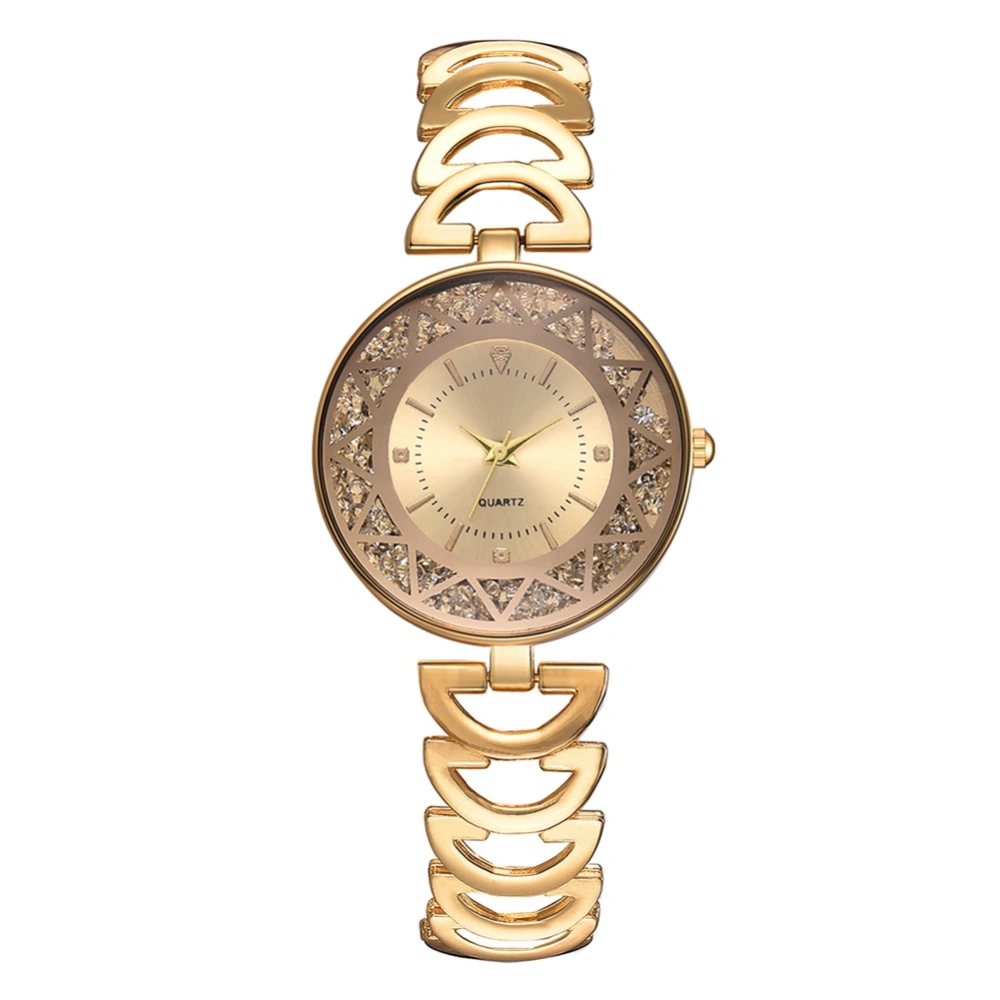 Fashion Alloy Strap Quartz Watch Women Casual Wristwatch with Rhinestone Decoration(Gold)