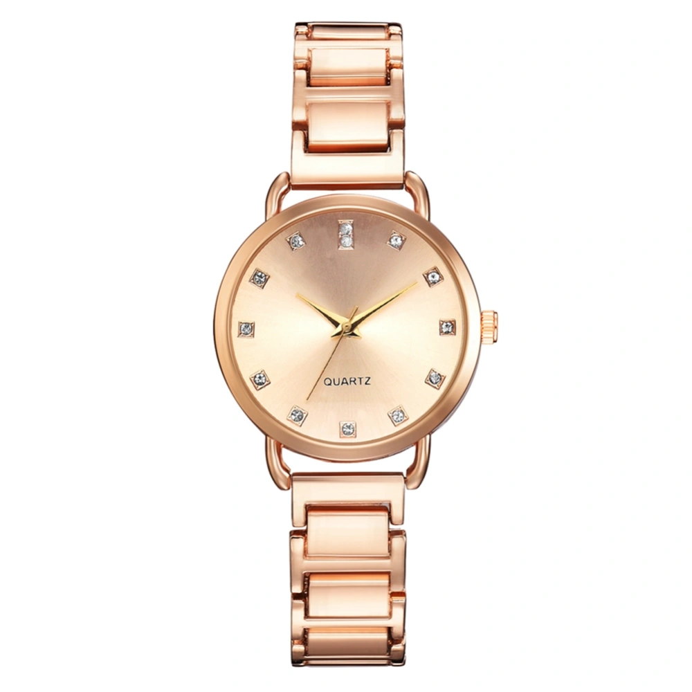 Fashion Alloy Band Quartz Wristwatch Round Dial Female Watch with Rhinestone(Gold)