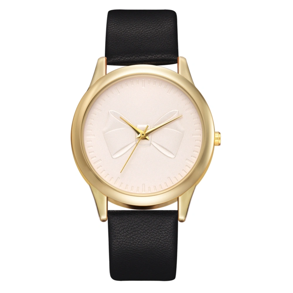 Simple Round Dial Cute Bowknot Decoration Women Watch PU Strap Quartz Wristwatch Black