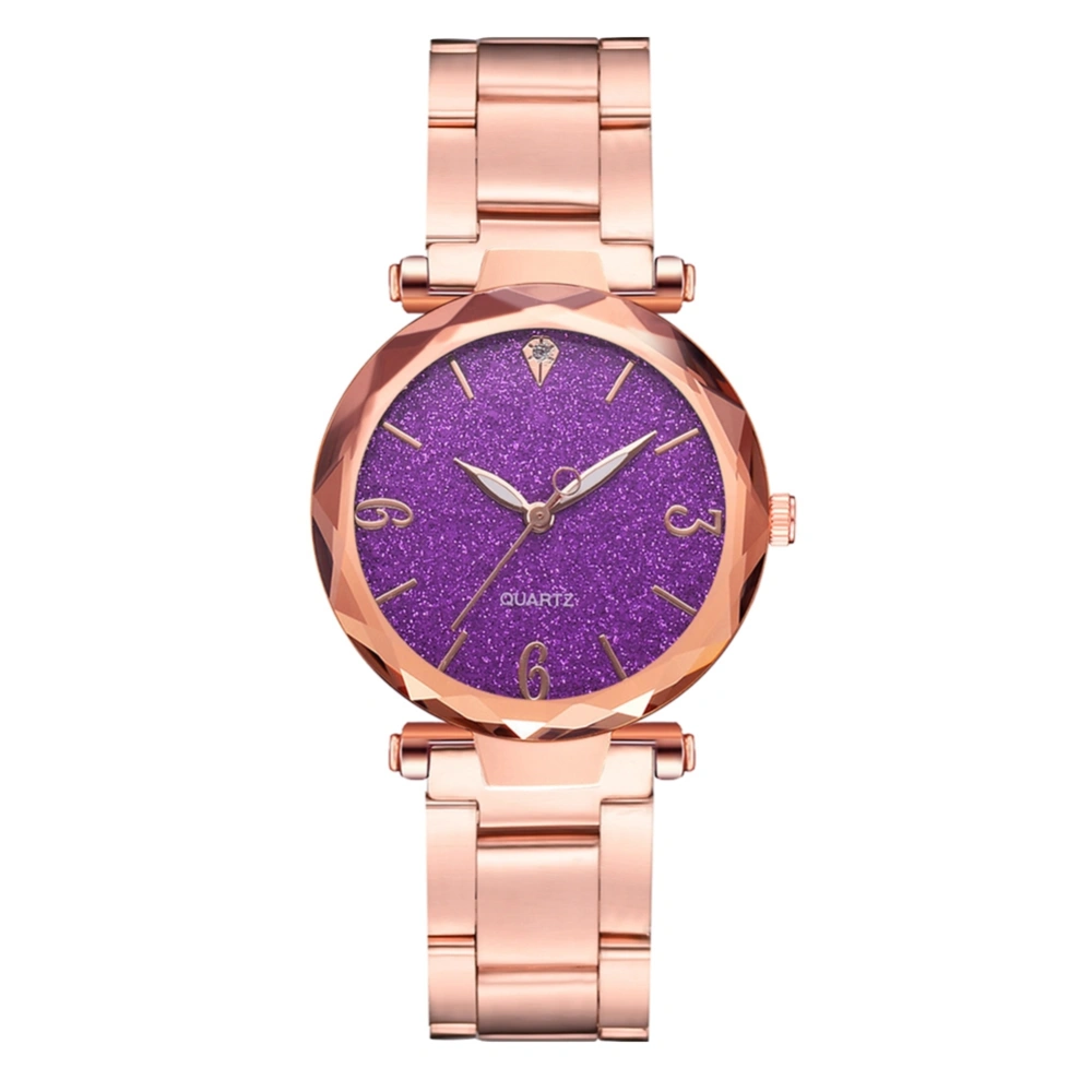 Women Alloy Steel Strap Watch Geometry Cutting Dial Quartz Wristwatch (Purple)