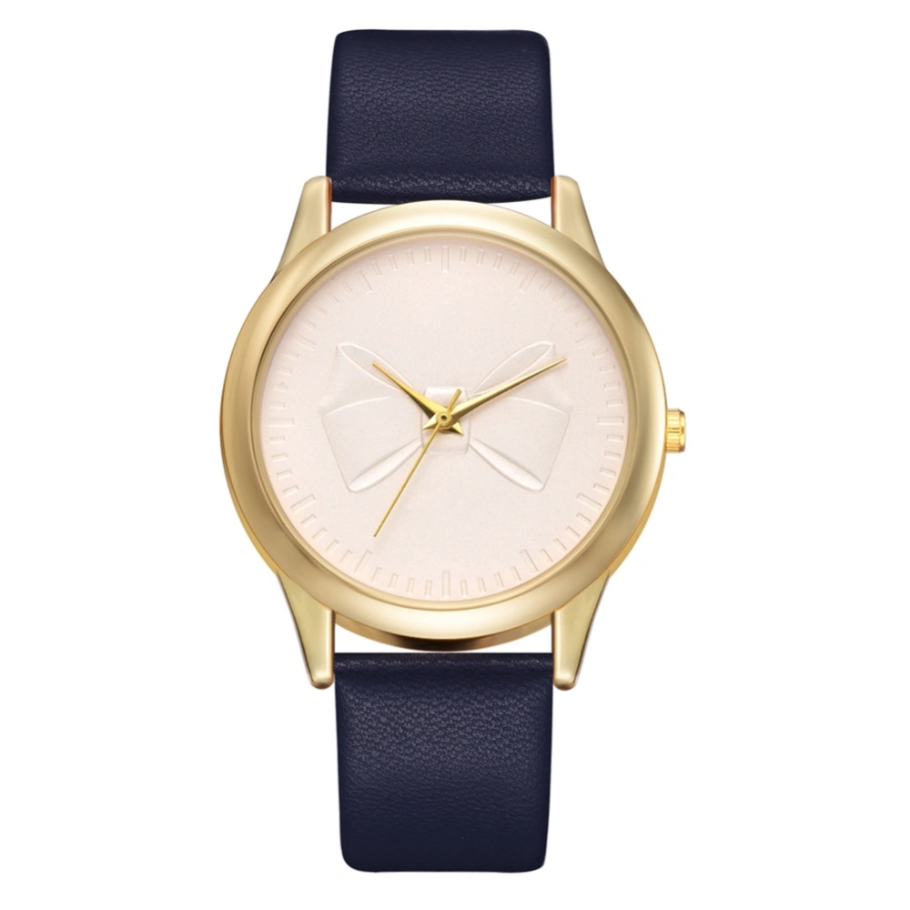 Simple Round Dial Cute Bowknot Decoration Women Watch PU Strap Quartz Wristwatch Blue