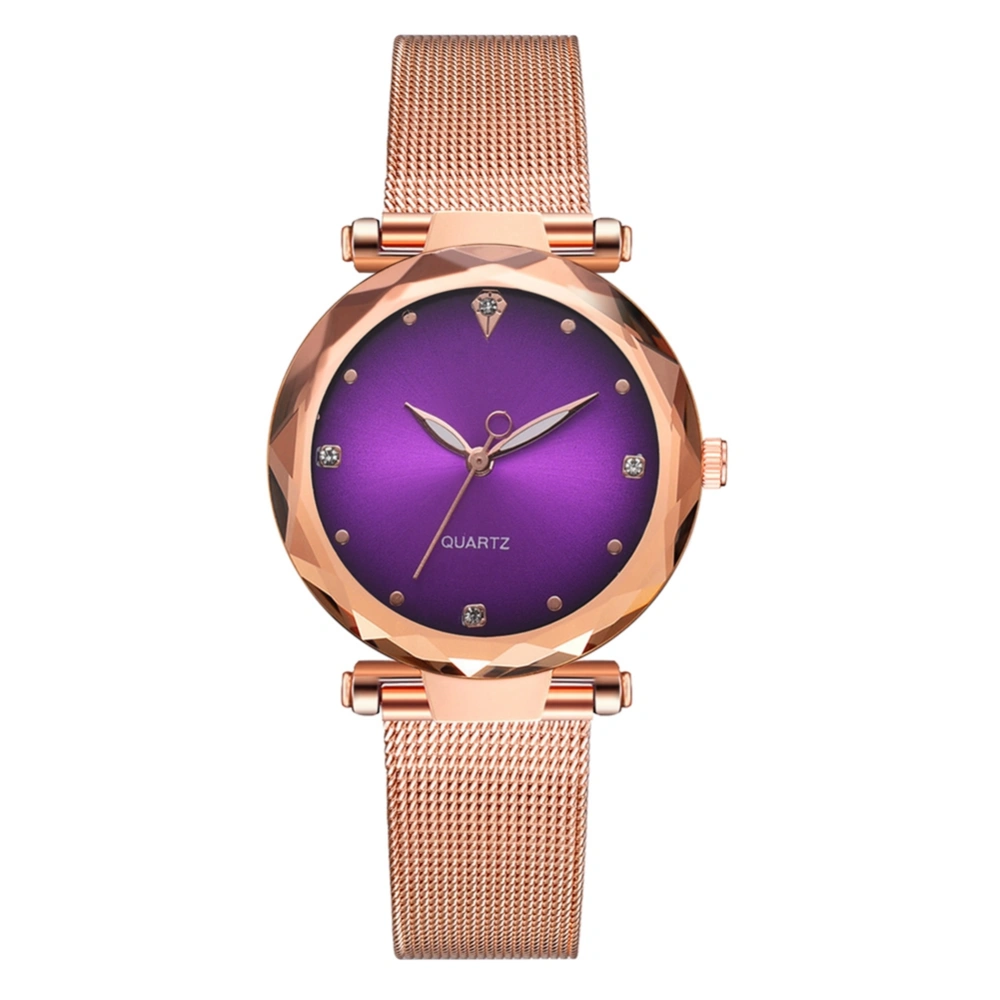 Fashionable Mesh Alloy Strap Women Lady Wristwatch Simple Quartz Watch Purple