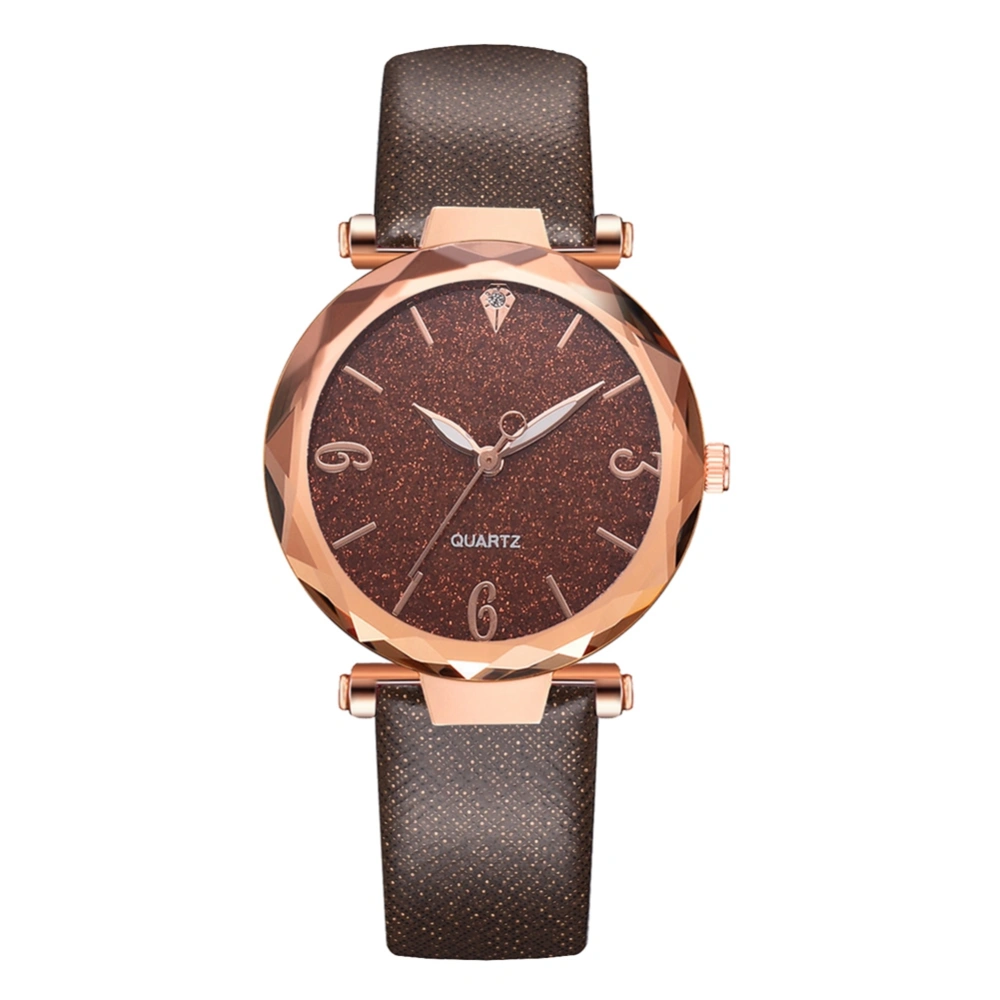 Simple Fashion PU Strap Women Lady Watch Delicate Rose Gold Case Quartz Wristwatch Brown