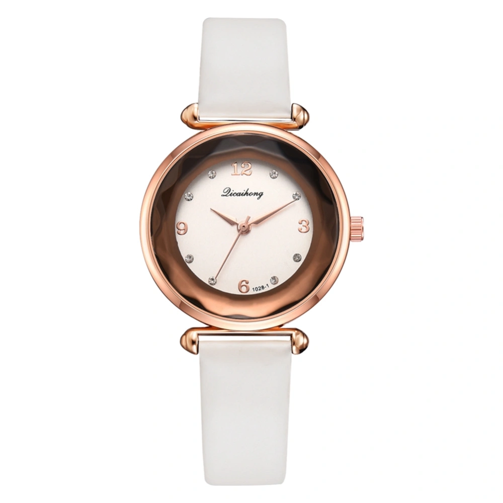 PU Leather Band Quartz Watch Rose Gold Frame with Rhinestone Female Wristwatch(White)