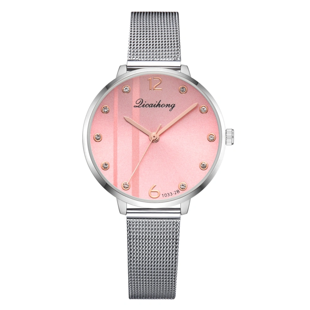 Fashion Mesh Belt Quartz Watch with Rhinestone Scale Female Watch(Pink)