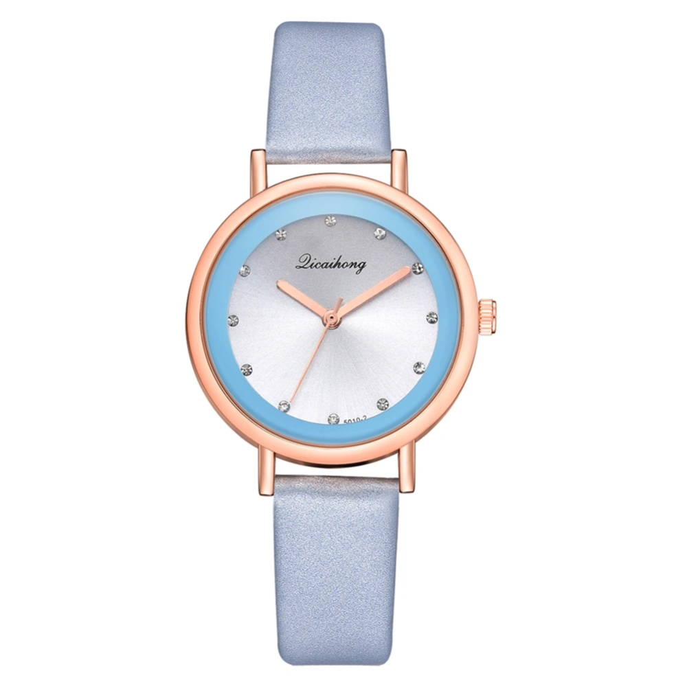 PU Leather Band Quartz Watch with Rhinestone Decoration Casual Female Wristwatch(Blue)