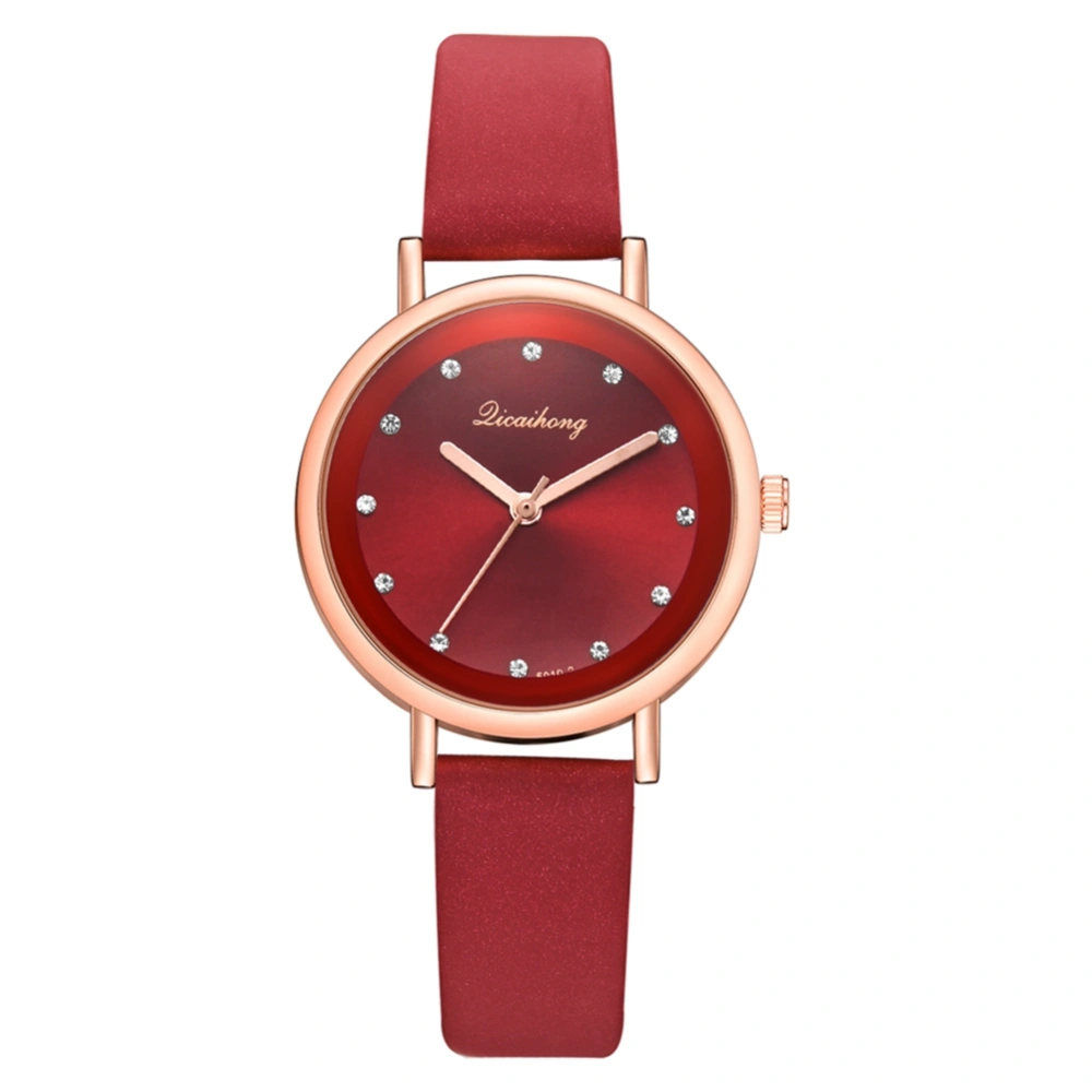 PU Leather Band Quartz Watch with Rhinestone Decoration Casual Female Wristwatch(Red)