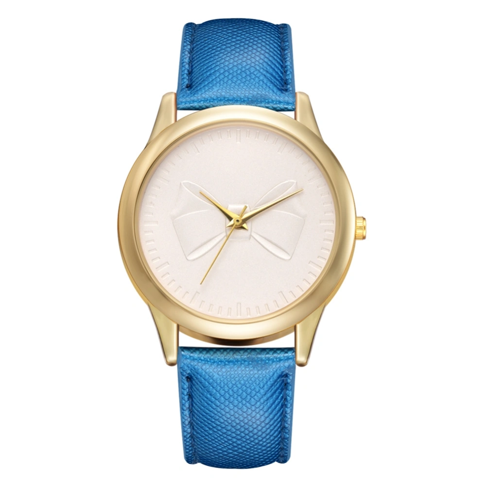 Women Emboss Bowknot Dial Alloy Quartz Watch PU Strap Wristwatch (Blue)