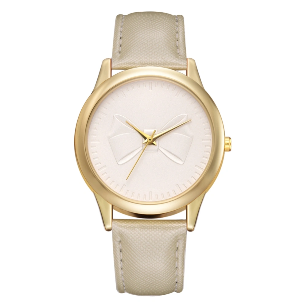 Women Emboss Bowknot Dial Alloy Quartz Watch PU Strap Wristwatch (White)