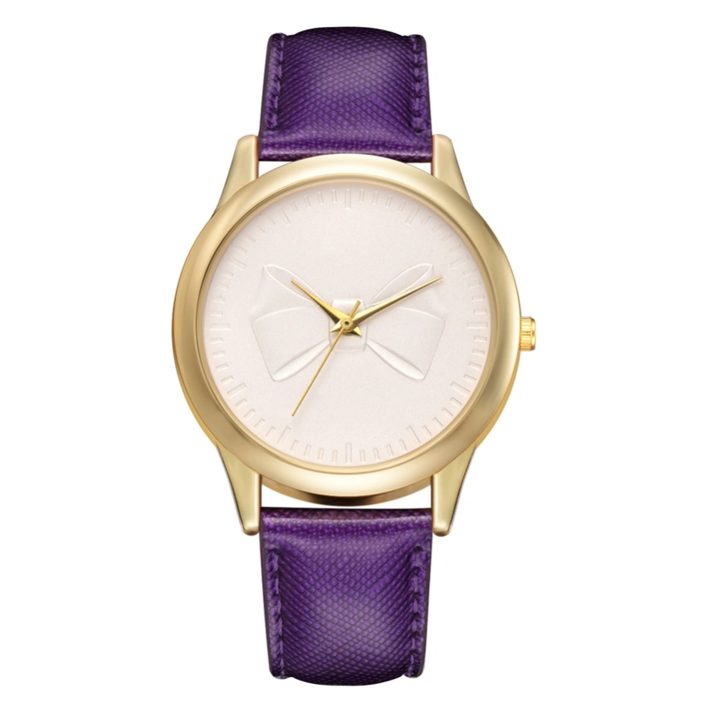 Women Emboss Bowknot Dial Alloy Quartz Watch PU Strap Wristwatch (Purple)