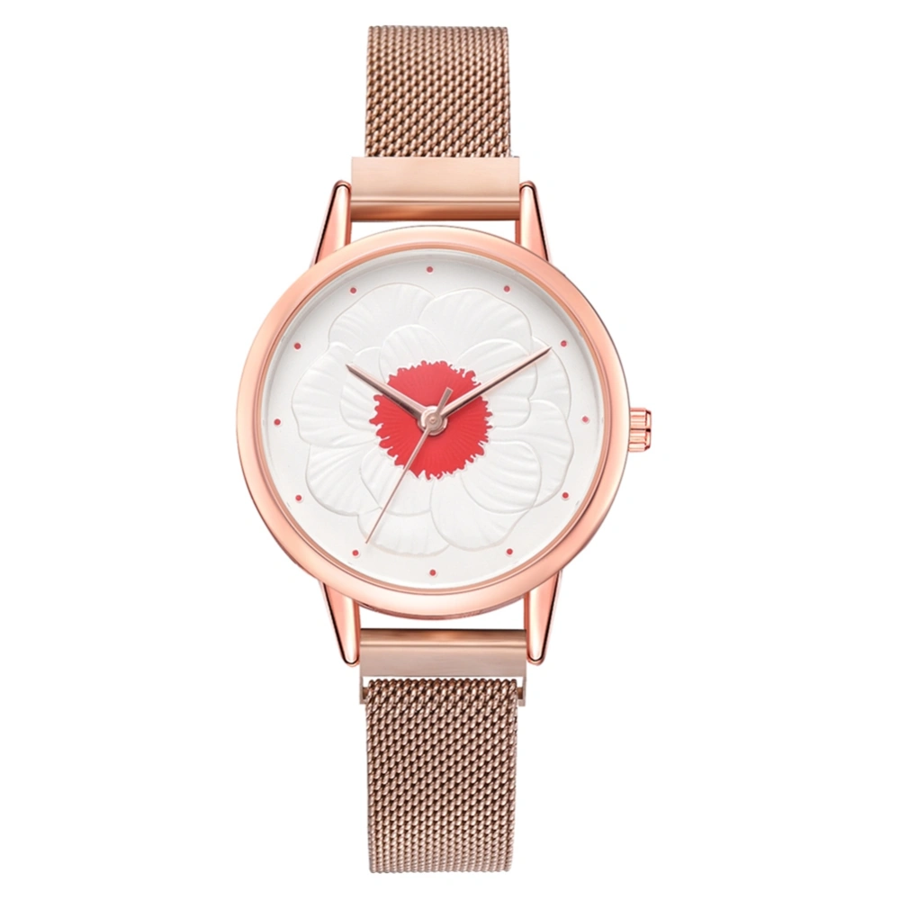 Women Flower Print Dial Watch Alloy Mesh Strap Alloy Quartz Wristwatch (White)