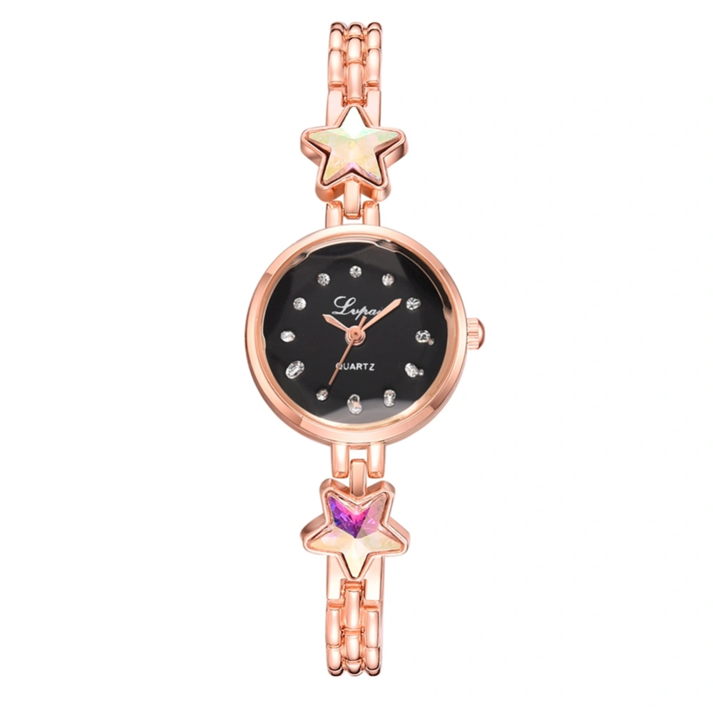 LVPAI Alloy Band Quartz Watch Star Pattern Rhinestone Bracelet Female Watch (Rose Gold Black)