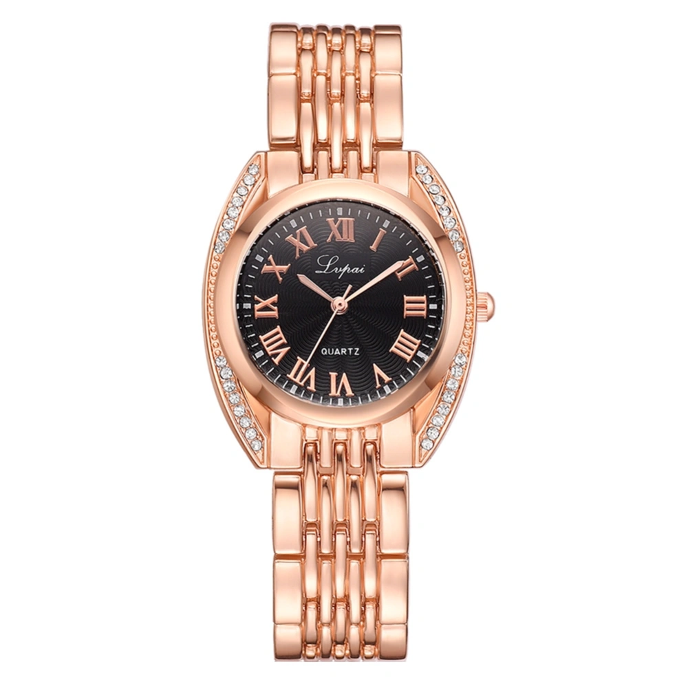 LVPAI Fashion Women Roman Numerals Alloy Strap Watch Casual Quartz Wristwatch(Rose Gold+Black)