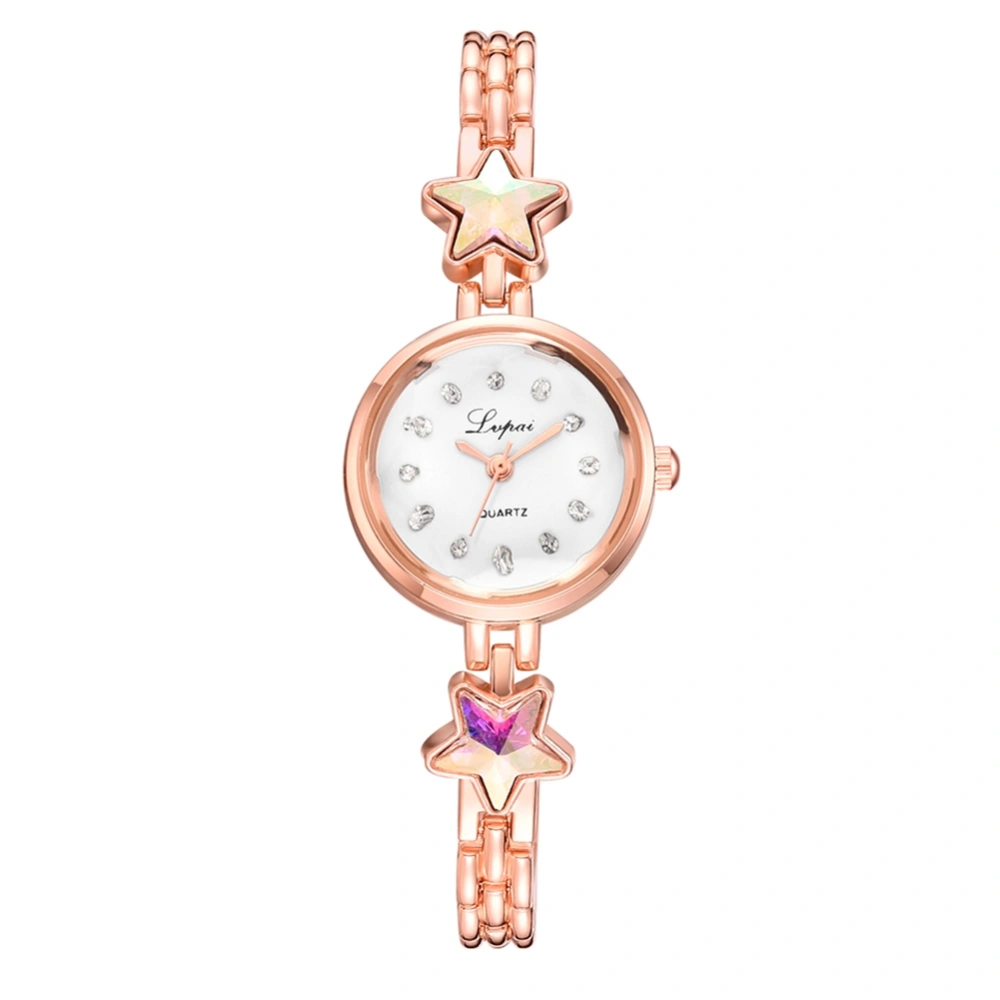 LVPAI Alloy Band Quartz Watch Star Pattern Rhinestone Bracelet Female Watch (Rose Gold White)