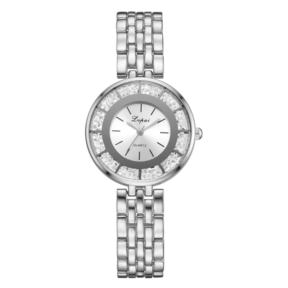 LVPAI Fashion Women Alloy Strap Watch with Rhinestone Casual Quartz Wristwatch(Silver White)