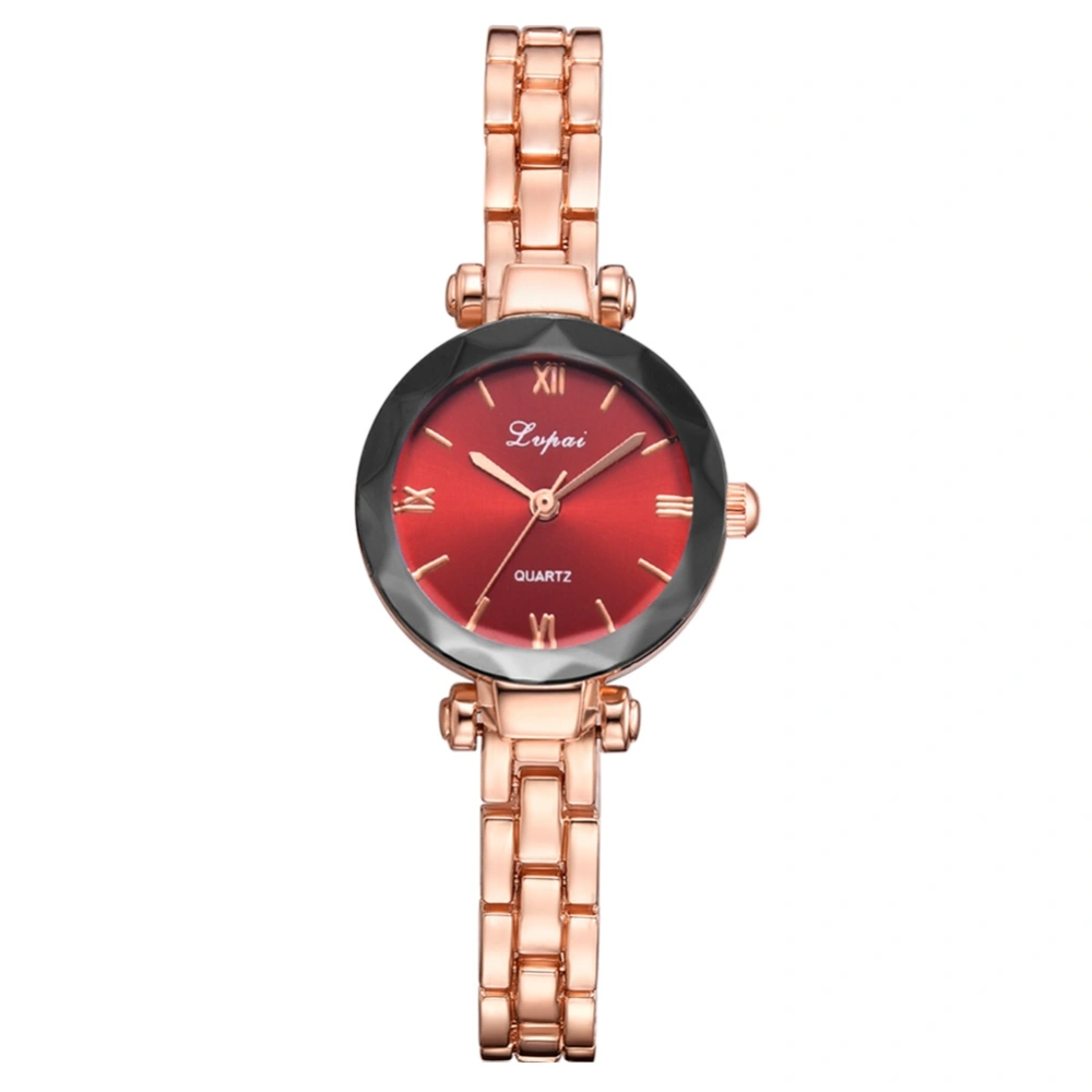 LVPAI Women Fashion Retro Roman Numerals Dial Alloy Strap Quartz Watch(Rose Gold+Red)