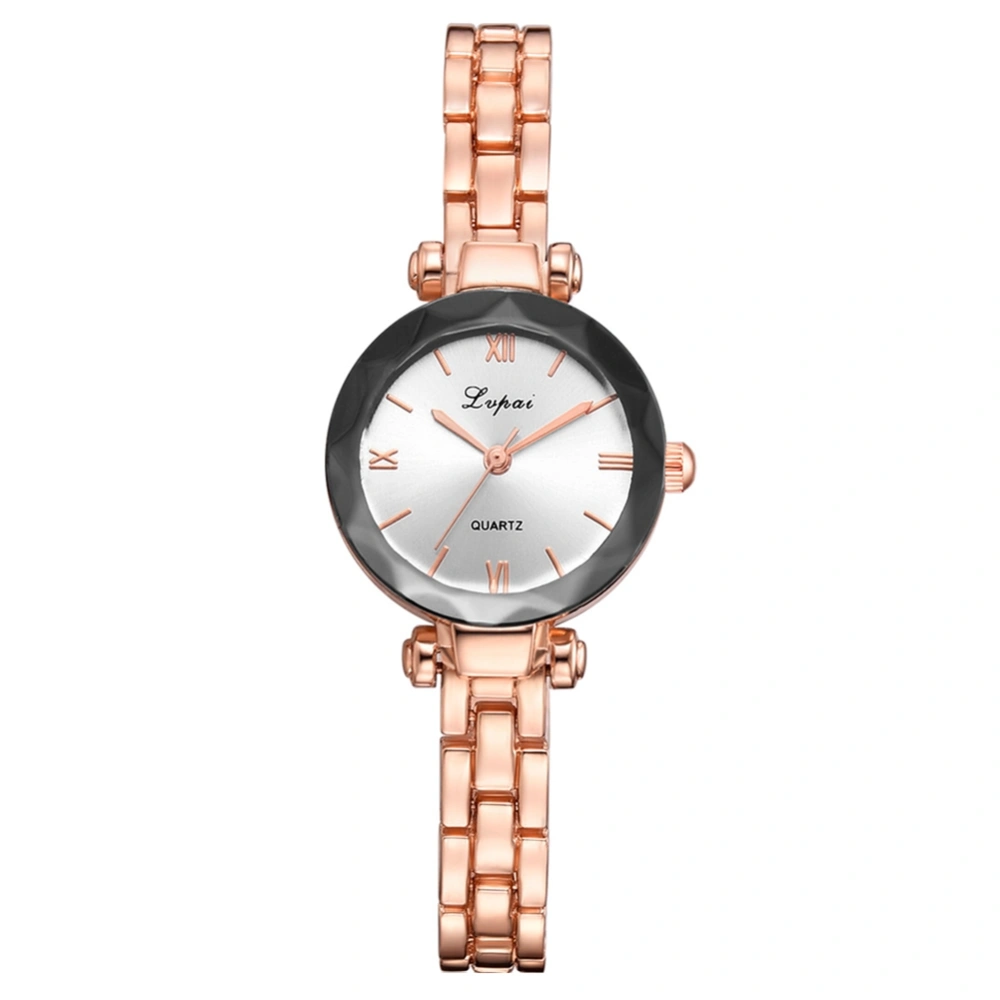 LVPAI Women Fashion Retro Roman Numerals Dial Alloy Strap Quartz Watch(Rose Gold+White)