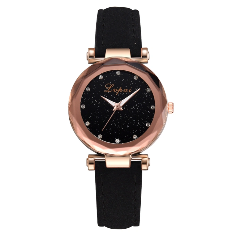 LVPAI Simple Fashionable Women Rhinestones Quartz Leather Strap Wristwatch Watch(Black)